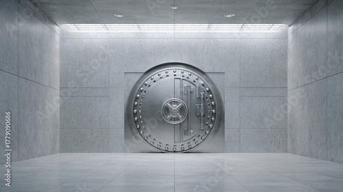 Secure bank vault with heavy door in modern concrete room