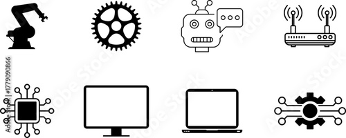 Technology AI icons set - robot, chip, robotic arm, artificial intelligence, wifi, router, gear, monitor, smartfone vector
