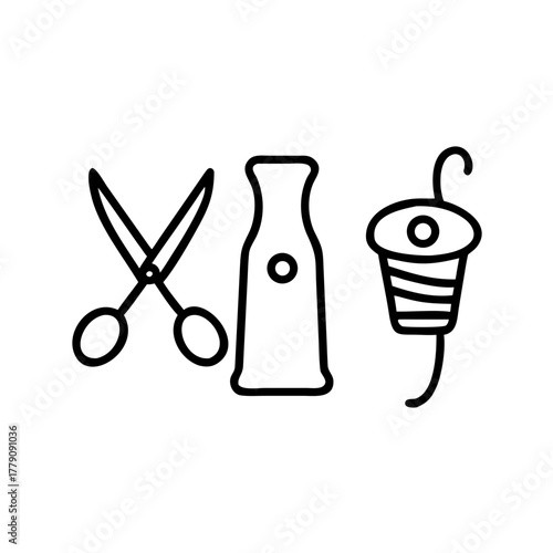 Scissors, bottle, and thread spool in linear design