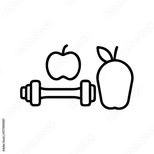 Health and fitness symbols with dumbbell, apple, and pear