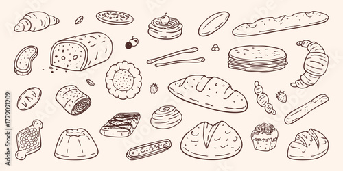 Collection of hand-drawn bread and bun illustrations. Includes baguettes, croissants, rolls, and pastries. Vector design elements for bakery branding, packaging, menus, and identity projects.