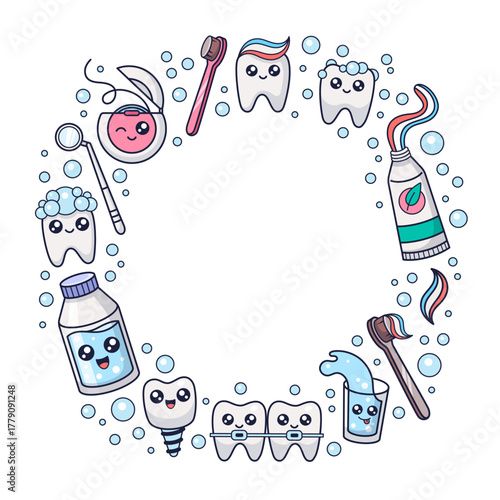 Hand drawn Mouth hygiene kawaii round frame, copy space, design. Doodle Oral hygiene circular frame. Dental cleaning cosmetic. Vector illustration isolated on white