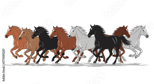 A dynamic illustration of a powerful herd of multi-colored horses galloping together. Vector drawing of running stallions in profile