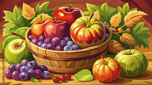 Very beautiful close-up of apples and grapes in wooden bowl, realistic autumn harvest still life with warm tones.