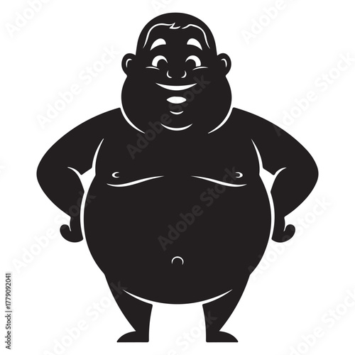 Happy Overweight Man Cartoon Silhouette with Hands on Hips and Big Belly