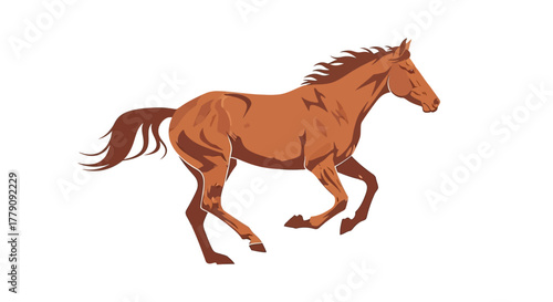 Vibrant graphic illustration of a majestic brown horse in full gallop, exuding powerful energy and whisking motion with untamed grace