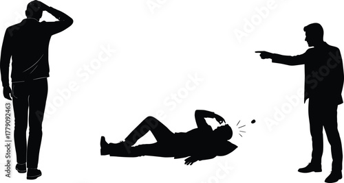 Silhouette of three people in conflict scene, dramatic body language illustration with pointing, confusion, distress, cad drawing flat vector illustration