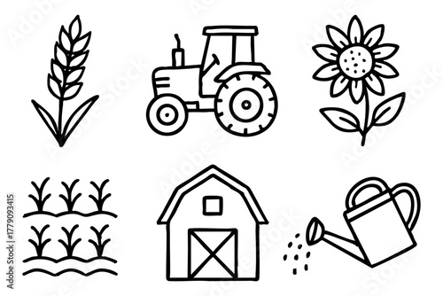 Agro icon set, hand drawn, doodle style. Vector stock illustration