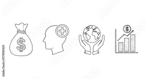 Creative line art icons for finance, health, global support, and growth