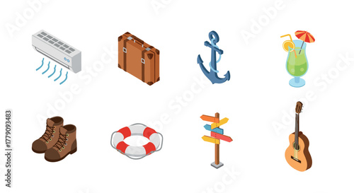 Isometric icons of travel and leisure suitcase, anchor, cocktail, and more