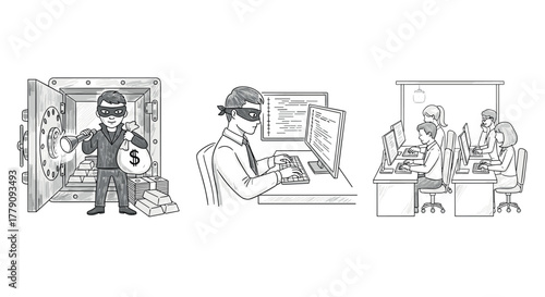 Cybercrime concept digital theft, hacking and security threats illustrated in detailed sketch