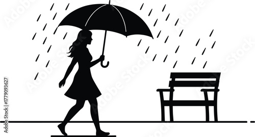 Silhouette of woman walking in rain with umbrella, rainy day park scene with bench, minimalist artwork, cad drawing flat vector illustration