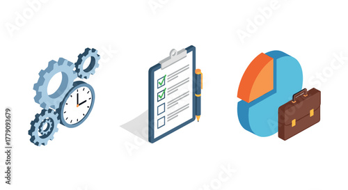 Isometric icons of time management, task checklist, and financial planning
