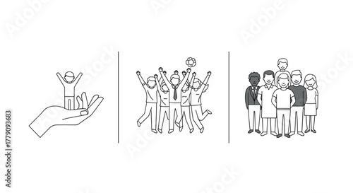 Celebrating team unity and inclusive leadership in linear black and white art