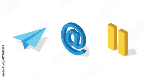 3d symbols of communication and technology paper plane, at sign, pause icon