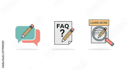 Colorful icons of communication tools with message, faq, and search elements