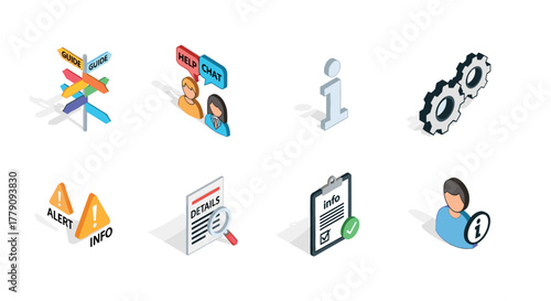 Isometric icons of information and communication tools for modern interfaces