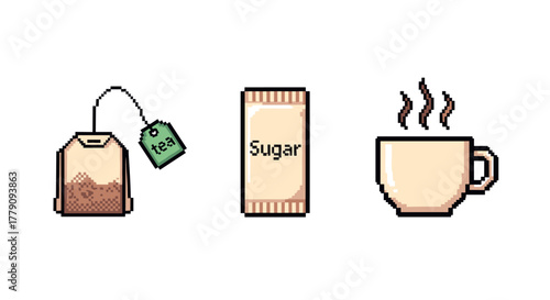 Pixel art tea set with tea bag, sugar packet, and hot beverage cup