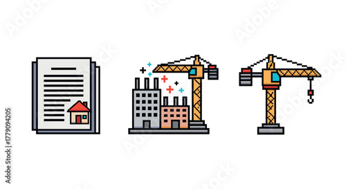 Construction and real estate icons in pixel art style