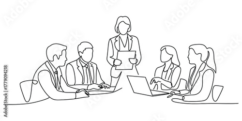 Business team meeting one line drawing showing collaboration efforts.