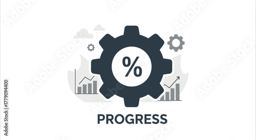 Progress gear icon with charts and percent symbol in flat style
