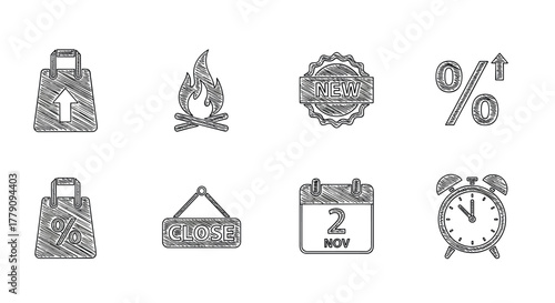 Chalk style icons set shopping, sale, calendar, fire, and alarm