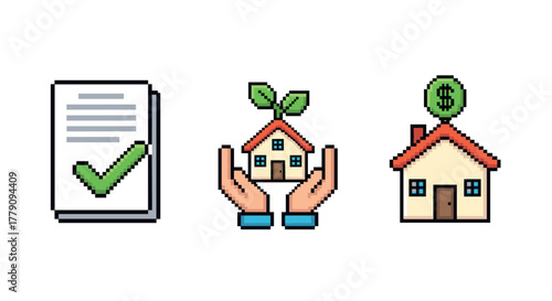 Pixel art real estate icons home, approval, growth and investment