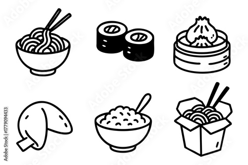 Asian food icon set, hand drawn, doodle style. Vector stock illustration