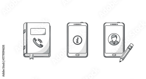 Contact book icons notebook, smartphone with information symbol and pencil