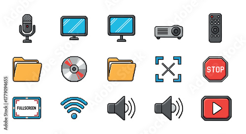 Retro pixel art technology icons set for multimedia and connectivity