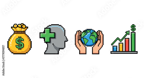 Financial growth symbols in pixel art style featuring global economy and investment icons