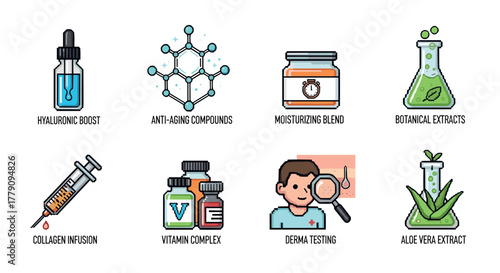 Pixel art beauty and skincare serums, compounds, and testing icons for modern health