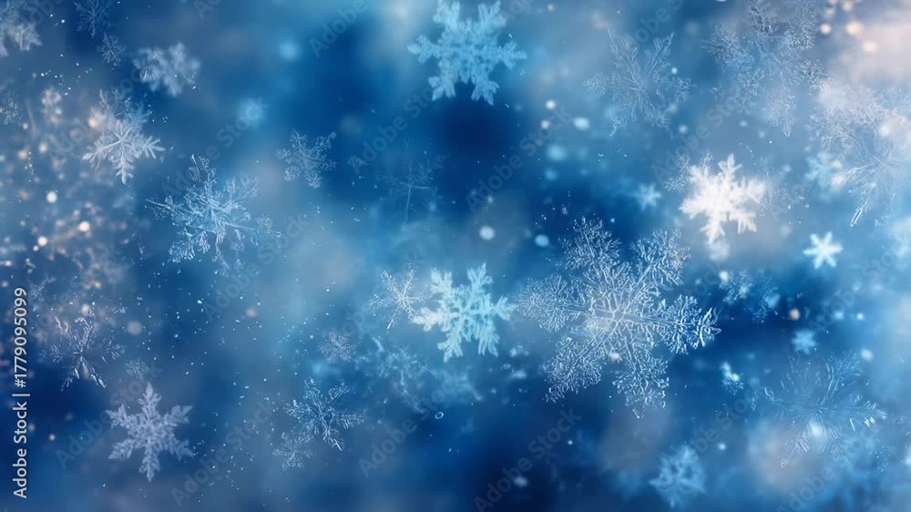 Falling Snowflakes Macro Background, Blue Loop Animation