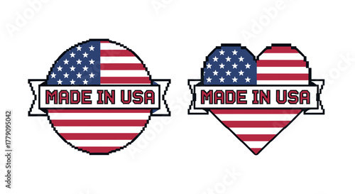 Pixel art usa flags with made in usa text on badge designs
