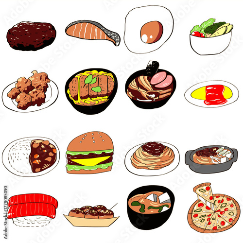 様々な料理のシンプルなイラストのセット