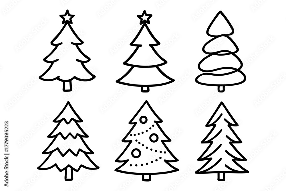Obraz premium Christmas tree icon set doodle style. Vector stock illustration