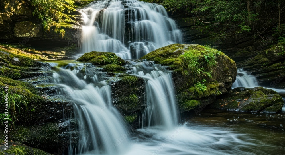 Obraz premium Cascading Waterfall in Lush Green Forest - Natures Serenity.