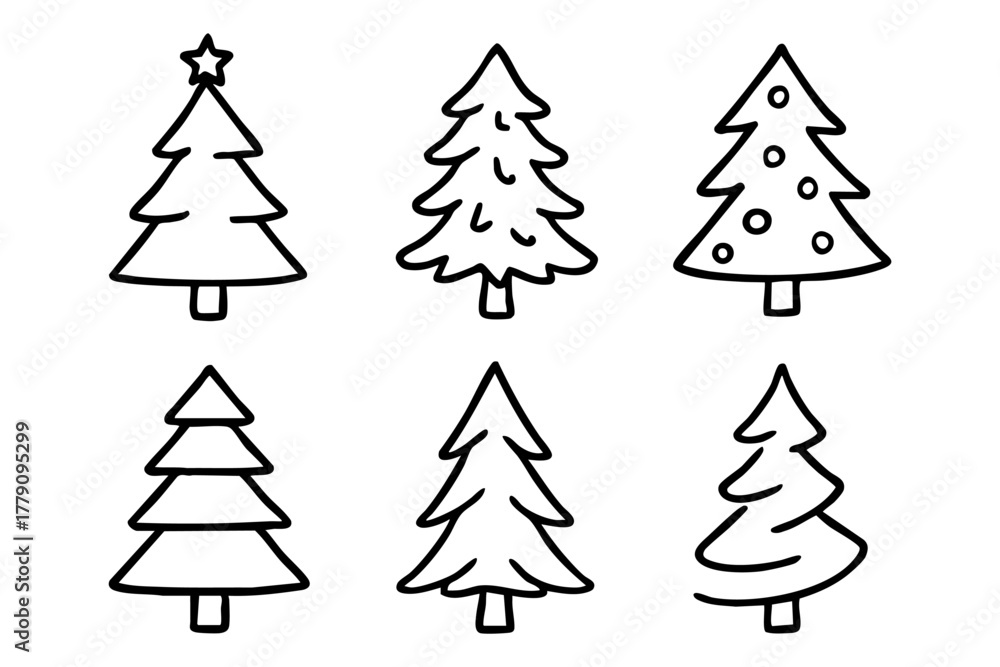 Obraz premium Christmas tree icon set doodle style. Vector stock illustration