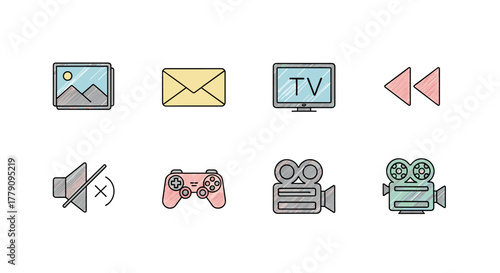 Colorful handdrawn media and entertainment icons set with tv and game controller