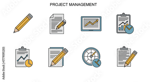 Project management icons featuring documents and graphs in flat style