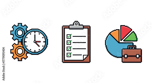 Pixel art productivity icons time management, task checklist, data analysis