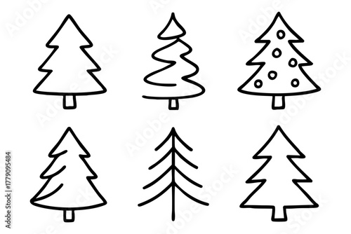 Christmas tree icon set doodle style. Vector stock illustration