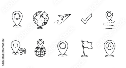 Minimalist location and navigation icons with globe and paper plane design