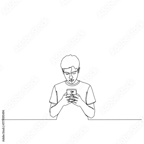 Continuous Line Drawing of a Young Man Intently Using a Smartphone