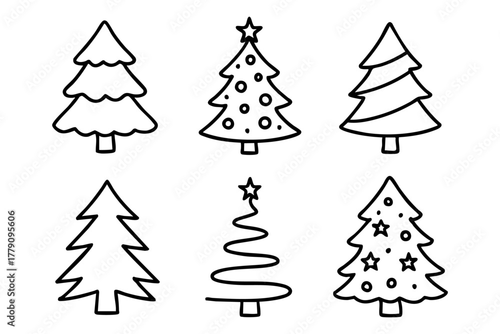Fototapeta premium Christmas tree icon set doodle style. Vector stock illustration