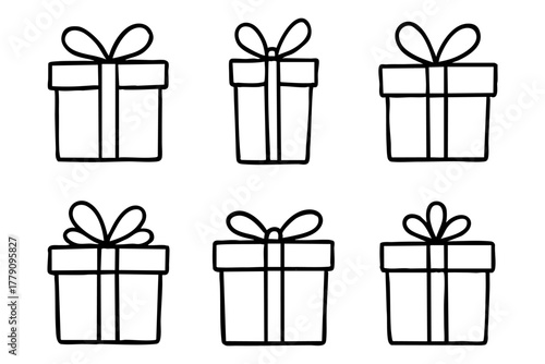 Different gift box icon set, hand drawn, doodle style. Vector stock illustration