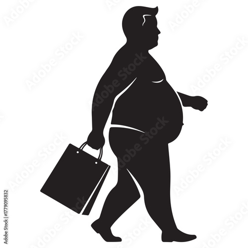 Overweight Man Walking with Shopping Bag Silhouette