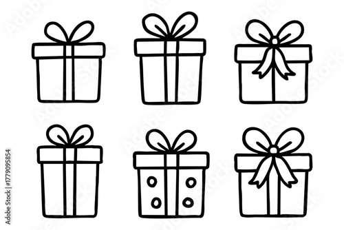 Different gift box icon set, hand drawn, doodle style. Vector stock illustration