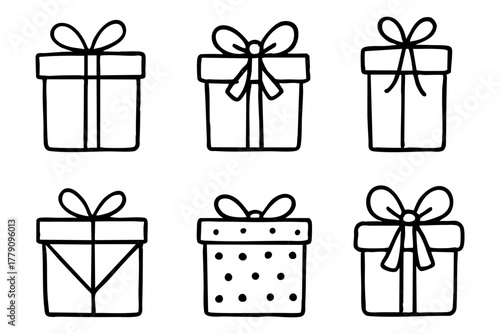 Different gift box icon set, hand drawn, doodle style. Vector stock illustration