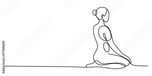 One line drawing of a woman meditating in a serene kneeling pose